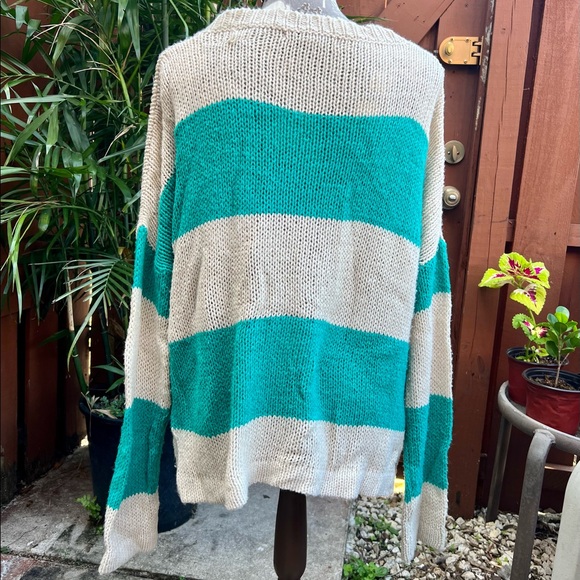 Striped Soft Cable Knit Teal Green Cream Pull Over Crew Neck Sweater Lg - Picture 4 of 7